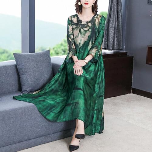 2021 Loose Casual Mulberry Silk Maxi Emerald Green Dress Spring Summer Vintage 4XL Plus Size Elegant Women Party Vestidos
