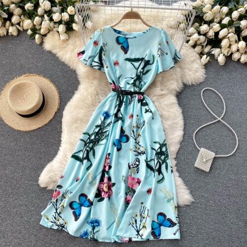 Europe Style Fashion Summer Elegant Women O Neck Short Sleeves Vintage Print Midi Dress With Belt Ladies Party Dresses Vestido