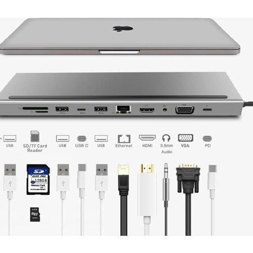 11-port expansion hub Type-c expansion dock HDMI VGA USB3.0 network card PD charging card reader for makbook laptop adapter