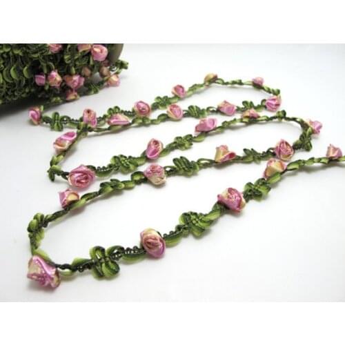 2 Yards Woven Rococo Ribbon Trim with Bright Pink Flower Buds|Decorative Floral Ribbon|Scrapbook Materials|Clothing|Decor