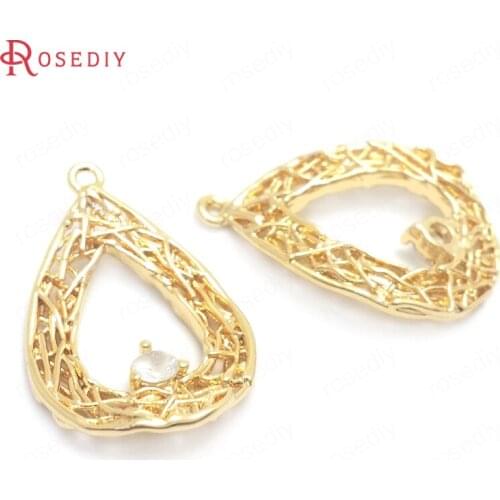 37725)6PCS 15x22MM 24K Gold Color Brass and Zircon Drop Shape Charms Pendants Jewelry Making Supplies Diy Findings Accessories