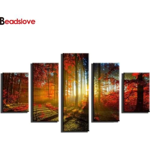 Diamond Embroidery Red Forest Sunrise Natural 5 Pcs Needlework 5D DIY Diamond Painting Multi Panel Full round Rhinestones Mosaic