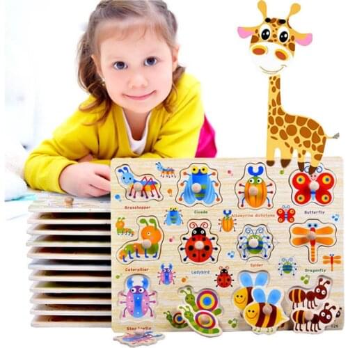 Baby Toys Montessori Wooden Puzzle Hand Grab Board Set Educational Wooden Toy Cartoon Vehicle/ Marine Animal Puzzle Child Gifts