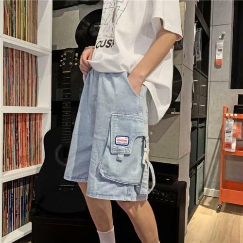 Denim shorts mens summer wear loose three-dimensional pocket tooling five-point pants casual tide brand ins trend pants