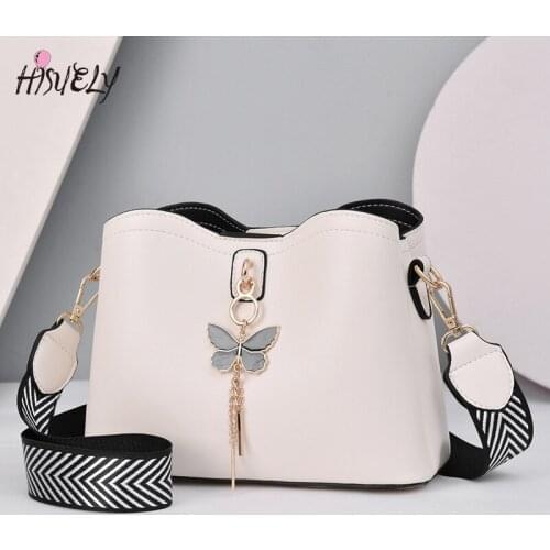 HISUELY White Designer Butterfly Tassel PU Leather Bucket Crossbody Bags for Women 2021 Fashion Female Shoulder Handbags Bolsos