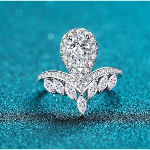 Silver 925 Original Brilliant Cut Diamond Test Past 1 Carat D Color Moissanite Water Drop Crown Ring for Women Gemstone Jewelry