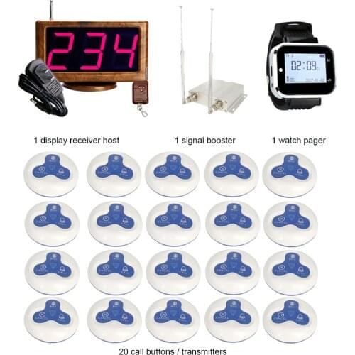 JINGLE BELLS Wireless Calling System 20 Calling Buttons+ 1 Watch Pager+ 1 Main host + 1 repeater Wireless Hotel Call Bells