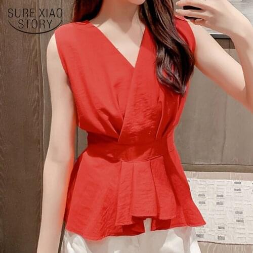 2020 Summer New Solid Color Waist Shirt White Cotton Blouse Korean Sleeveless V-neck Ruffle Blouse Women Chemisier Femme 9576