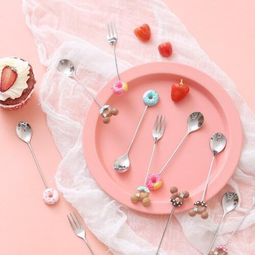 1set Mickey head Donuts Cartoons stainless steel Fork spoon ice cream Coffee stirring spoon Children teaspoon Dessert spoon