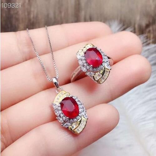 925 silver Jewelry set Natural Ruby Pendant Ring sets Women Jewelry