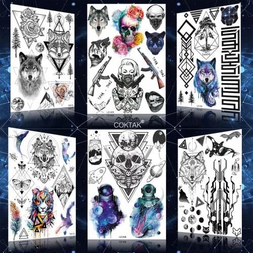 Black Cool Gun Girls Gun Moth Tattoos Stickers Geometric Galaxy Astronaut Temporary Tattoo Skull Body Art Arm Tatoos Women Men