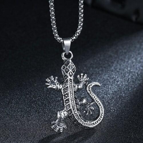 New Fashion Vintage Pendant Gecko Chameleon Charm Necklace For Men Punk Jewelry Making Antique Silvery Color Lizard Pendant Gift