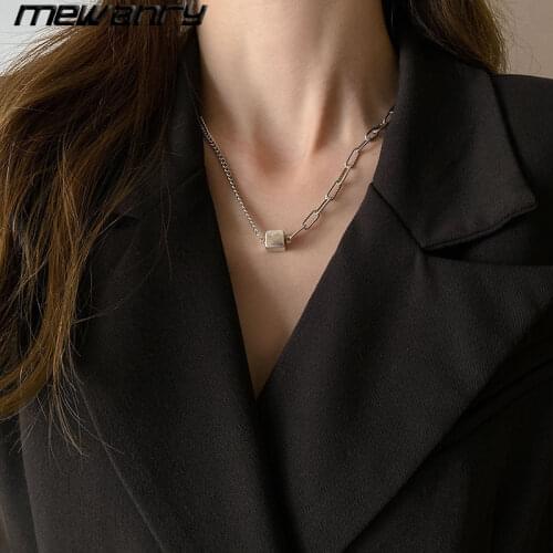 Mewanry 925 Sterling Silver Small Cube Asymmetry Necklace for Women INS Fashion Simple Hiphop Party Jewelry Birthday Gifts