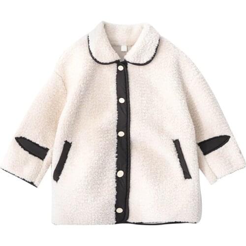 Girls Long Sleeve Button-Down Collar Lamb Wool Coats Single Button Closure Thick Winter White Woolen Coats Quality Coats