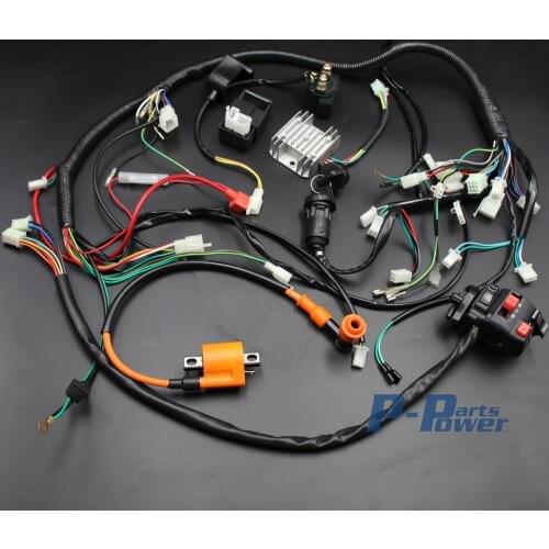 Full Wiring Harness Loom Key Solenoid Performance Coil Regulator CDI Spark Plug Kit for 200cc 250cc 300cc ATV Quad Bike