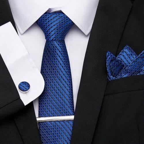 Wedding 7.5 cm Ties For Men Formal Dress Necktie Blue Stripe Handkerchief Tie Clip Cuffink Tie Set Business Slim Accessories