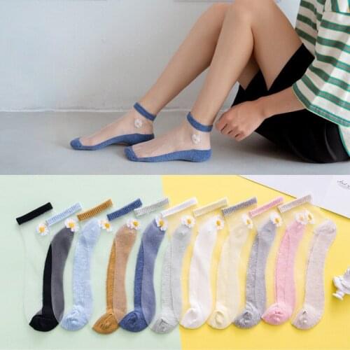 4Pairs/Lot Women Socks for summer Ultra-thin Transparent Cass Glass fiber Silk Socks Fashion daisy Flower Japan Ankle Socks
