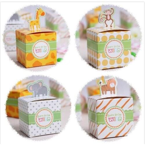 20 pcs/lot Cute Elephant/Giraffe/Tiger/Monkey Animal Zoo Candy Box Baby Shower Birthday Boy Favors Baptism Party Gifts