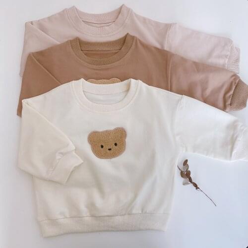 8438 Baby Hoodies Cartoon Bear Tops Autumn 2021 Korean Bear Head Cute Embroidered Boys Sweatershirt Round Neck Girls Pullover