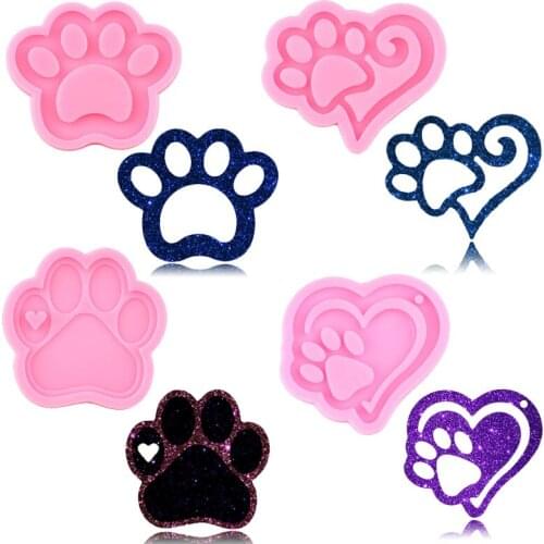 Shiny Glossy Bear Paw And Heart Shape Silicone Mold Epoxy Resin Keychain Molds Polymer Clay Necklace Charms Making Jewelry Mould