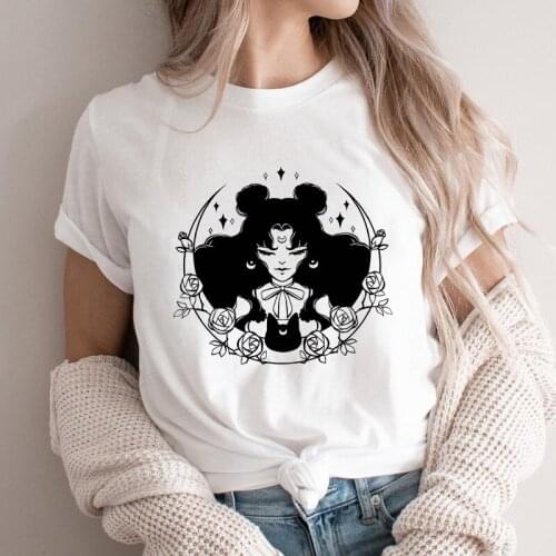 Japanese Anime Girl With Cat T-shirt Harajuku Summer Short Sleeve Hipster Manga Top Tee Aesthetic Women Japanimation Tshirt