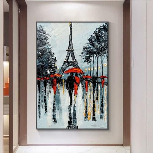 100% Hand Painted Abstract Lover Working In The Street With Red Umbrella Oil Painting On Canvas Handmade Wall Art For Home Decor