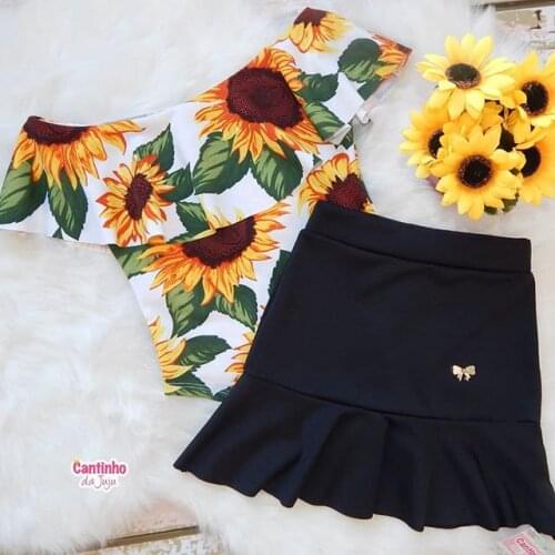 0-24M Summer Toddler Kids Baby Girls 2PCS Clothes Sets Sunflowers Printed Romper Tops Ruffles Skirts Outfits