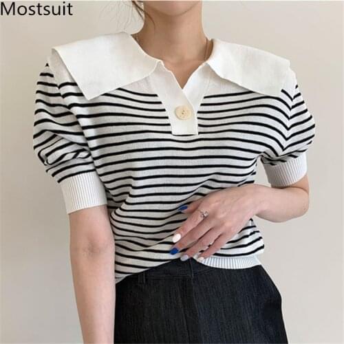 Summer Striped Knitted Tshirt Tops Women Short Sleeve Sailor Collar Casual Fashion Tees Pullover Korean Ladies T-shirt 2021