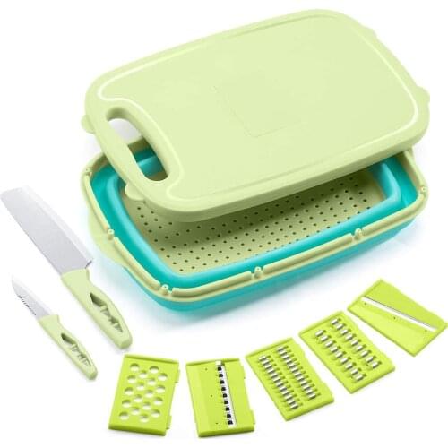 Cutting Board Set Multifunctional Collapsible Basket Drain Mandoline Vegetable Slicer Cutters Knives Collapsible Colander 9 in 1