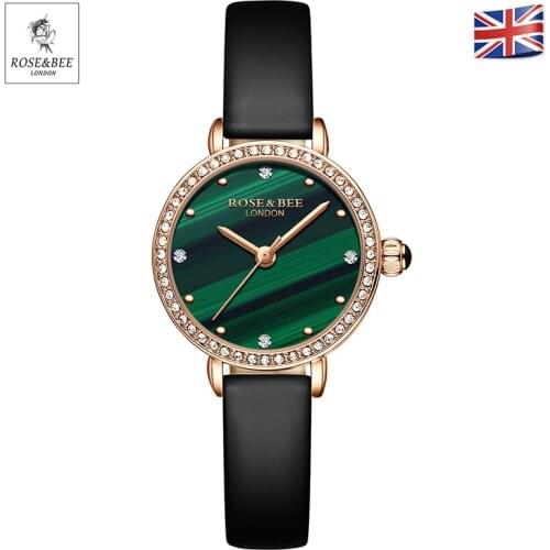 ROSE&BEE 2021 New Luxury Rhinestone Womens Wrist Watch Quartz Clocks Simple Leather Band Female Watches Casual Wristwatches