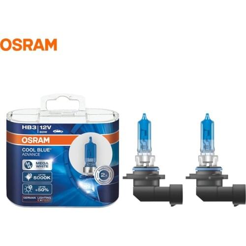 OSRAM 9005 HB3 5000K 12V 60W Cool Blue Advance Halogen Bulbs Xenon Mega White 50% More Light Car Lamps Hi/Lo Beam Pair 9005CBA