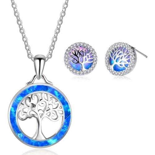 Trendy Jewelry Set Cute Tree Design Blue Imitation Fire Opal Pendant Necklace With Earrings For Women Charm Wedding Lover Gift