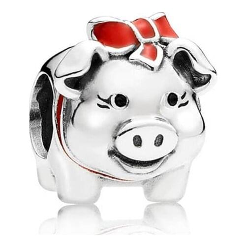 Genuine 925 Sterling Silver Animal Bead Charm Red Enamel Piggy Bank Beads Fit Women Pan Bracelet & Necklace Diy Jewelry