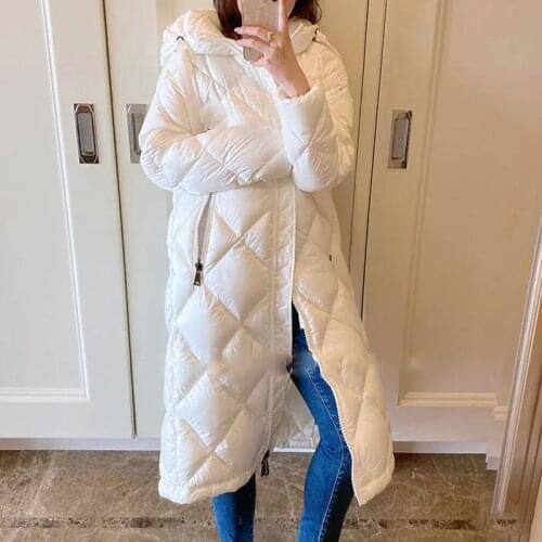 Down Jacket Womens Long 2020 New Hooded Slimming Diamond Lattice Lengthened Knee White Duck down Coat