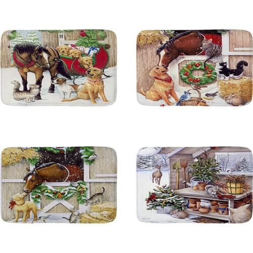 Christmas Cartoon Horse cat printed Flannel Floor Mat Anti-Slip Tapete Floor Mats Kitchen Doormat welcome mats for front door
