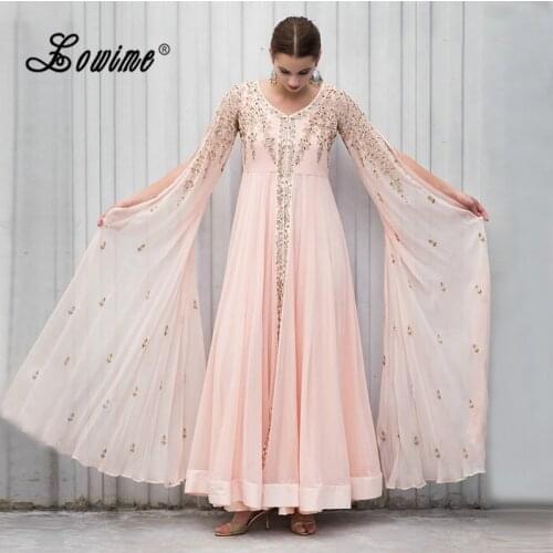 Pink Long Sleeve Indian Saree Moroccan Kaftan 2017 Gold Beaded Embroidery Turkish Dresses Formal Evening Gowns Arabic Prom Dress