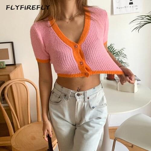 Crop sweater women vintage pink cardigan short sleeve sweaters korean ladies tops elegant cropped cardigan summer 2020 New