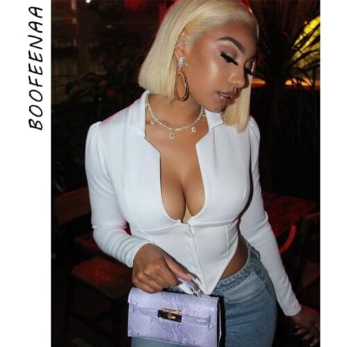 BOOFEENAA Sexy Deep V Neck Long Sleeve Crop Tops for Women Clubwear Fall Winter 2020 White Pink Corset Top Woman Tshirts C70BH17