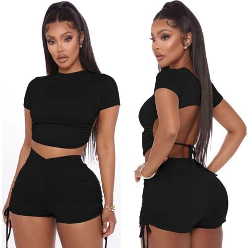 Sexy Lady Women Summer Open Back Crop Top Stacked Shorts Jogger Pnats Suit Two Piece Set Sport Matching Outfit Fitness Tracksuit