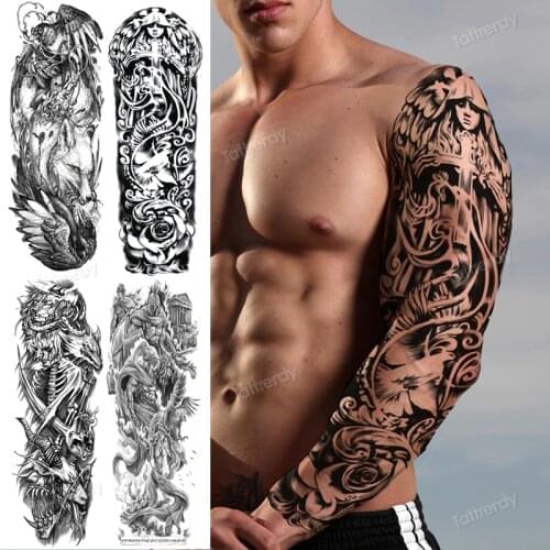 Mens temporary tattoo sleeve full arm body art sexy tatoo for boy men women tattoo thigh leg waterdecal large big size black