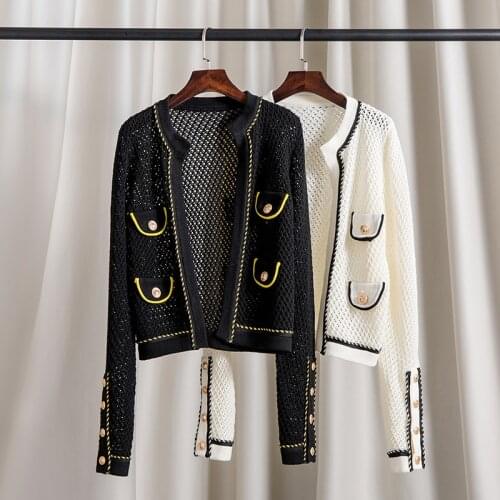 2020 spring fall women elegant v-neck hollow out knitted sweaters color block female buttons thin cardigan black white JC412