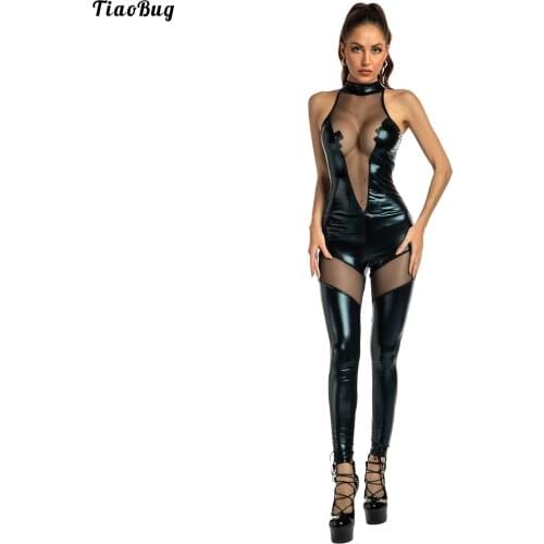 TiaoBug Women Halter See-Through Mesh Patchwork Bodysuit Jumpsuit Patent Leather Leotard Stage Show Sleeveless Catsuit Clubwear