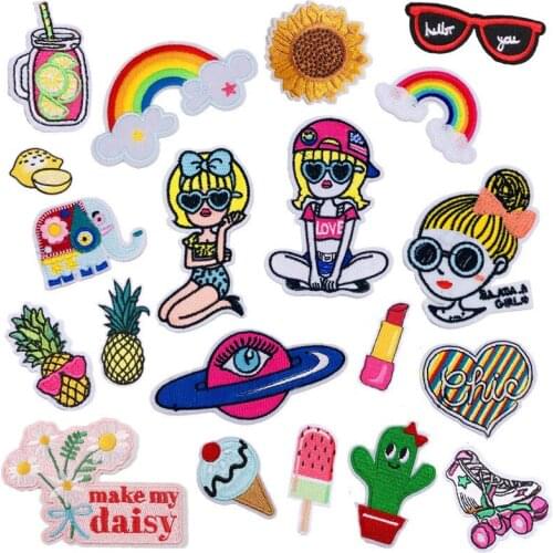 50pcs/lot Embroidery Patch Fashion Cartoon Girl Elephant Rainbow Pineapple Flower Lipstick Clothing Decoration Diy Applique