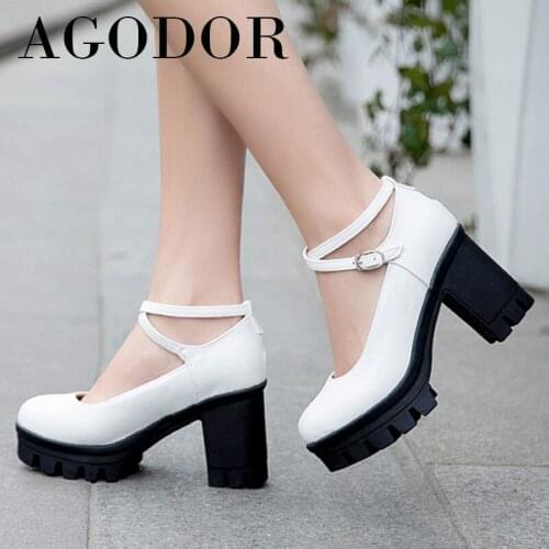 AGODOR 2021 Spring Women Shoes Ankle Strap High Heels Platform Block Heel Dress Pumps Buckle Round Toe Female Footwear White 43