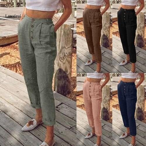 Solid Cotton Linen Women Pencil Pants Spring Casual Button High Waist Trousers Women Plus Size Long Pants 3XL