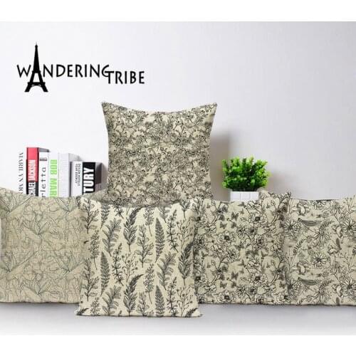 Shabby Chic Floral Cushion Covers Retro Black Grass Cushion Covers Pillows Case Plant Pillow Covers Decoration Cushions Kissen