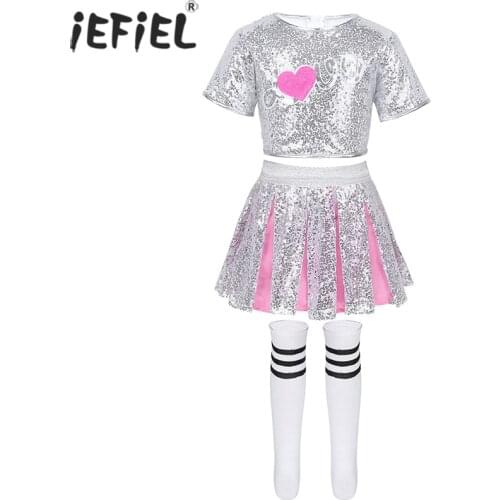 Kids Girls Jazz Hip Hop Stage Dance wear Cheerleader Perform Costumes Outfit Short Sleeves Top with Skirt Striped Socks Set