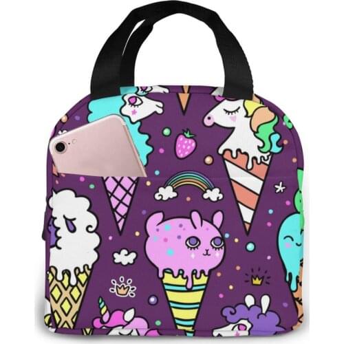 Ice Cream Unicorn Purple Lunch Food Box Bag Fashion Insulated Thermal Food Picnic Lunch Bag for Women kids Men Cooler Tote Bag