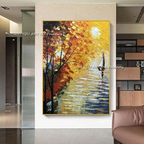 The Handmade Fall River Tree View Oil Painting On Canvas Creative Nature Wall Art Orange Pictures For Living Room Decoration