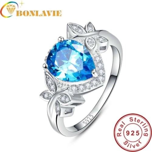 925 sterling silver blue topaz ring wedding engagement jewelry butterfly decoration 3.85 Carat pear cut water drop shape